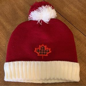 Red & White Fall Themed Pom Beanie